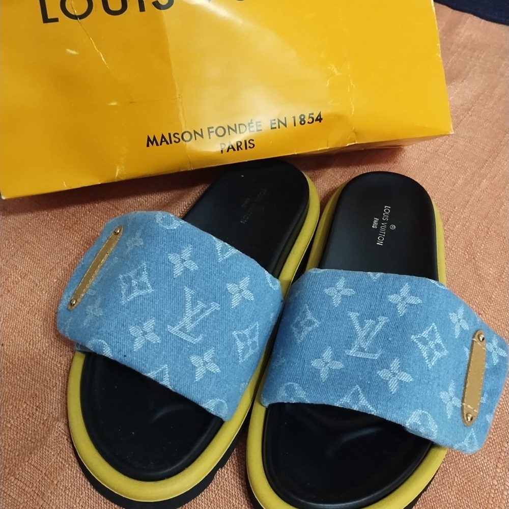 Louis Vuitton Denim Blue and Mustard Slide Sandals
